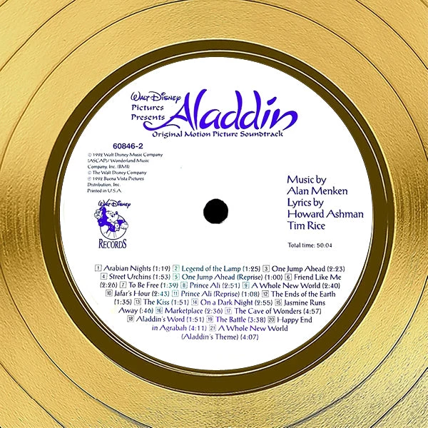 RARE-T Gold & Platinum Records Aladdin 1992 - Original Motion Picture Soundtrack Gold LP Limited Signature Edition Studio Licensed Custom Frame 7 RARE-T Gold & Platinum Records Aladdin 1992 - Original Motion Picture Soundtrack Gold LP Limited Signature Edition Studio Licensed Custom Frame