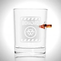Biohazard Shot Glass - Handmade Biohazard Etched Rock Glass Shot Glass With Embedded Bullet Ready To Ship! 48 Hour Shipping!