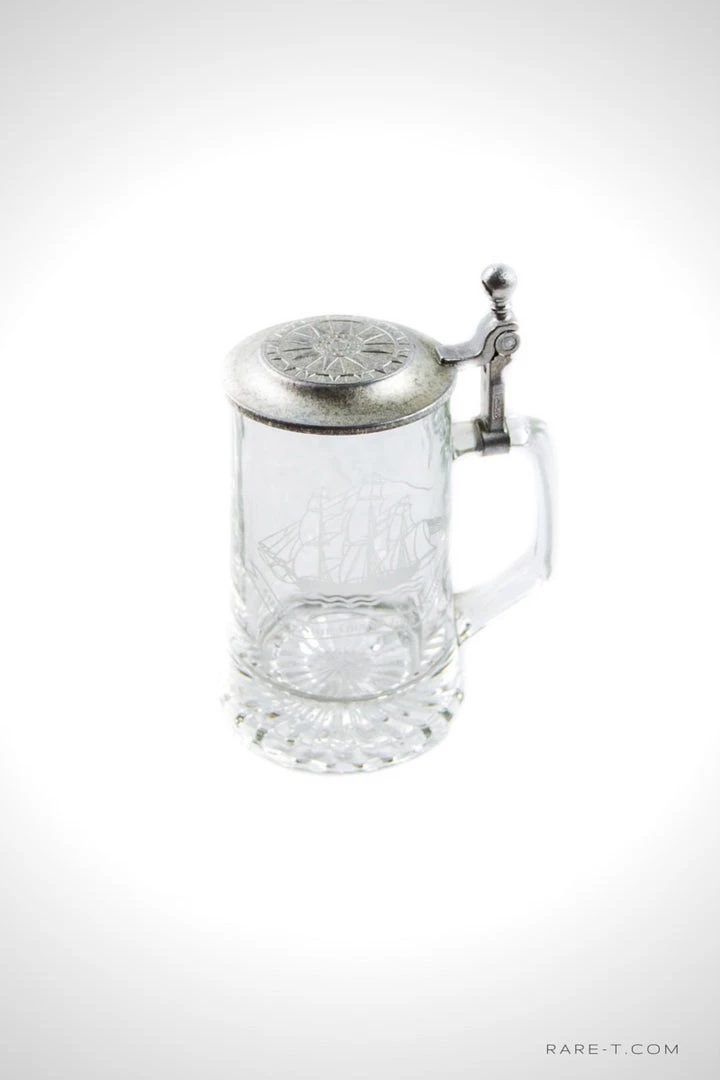RARE-T Vintage Etched Glass 'Grand Turk 1786' Metal-Lidded Beer Stein 3 RARE-T Vintage Etched Glass 'Grand Turk 1786' Metal-Lidded Beer Stein
