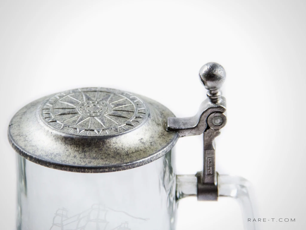 RARE-T Vintage Etched Glass 'Grand Turk 1786' Metal-Lidded Beer Stein 2 RARE-T Vintage Etched Glass 'Grand Turk 1786' Metal-Lidded Beer Stein