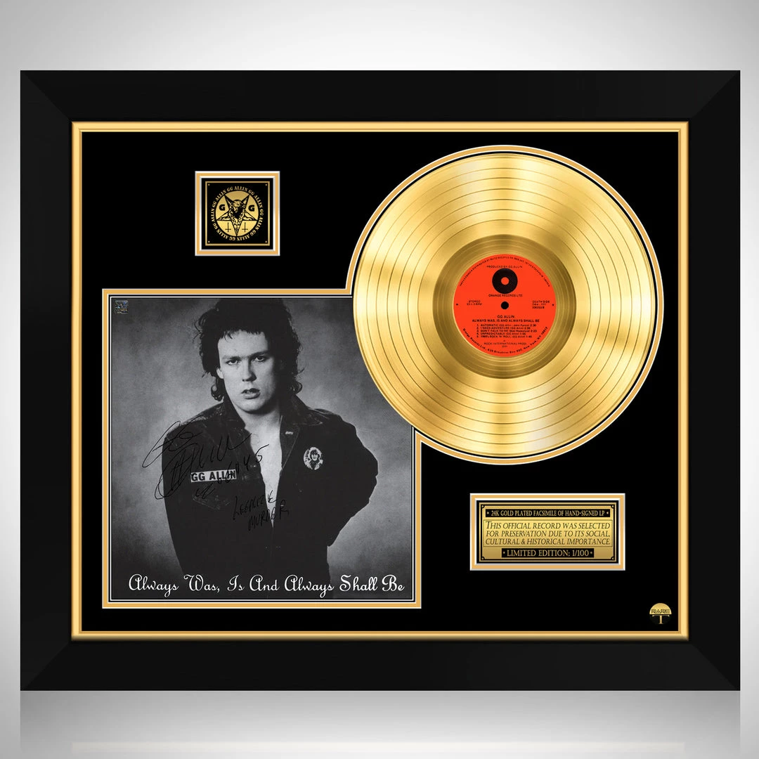 RARE-T GG Allin - Always Was, Is, And Always Shall Be Gold LP Limited Signature Edition Studio Licensed Custom Frame Limited Edition Frames 1 RARE-T GG Allin - Always Was, Is, And Always Shall Be Gold LP Limited Signature Edition Studio Licensed Custom Frame Limited Edition Frames