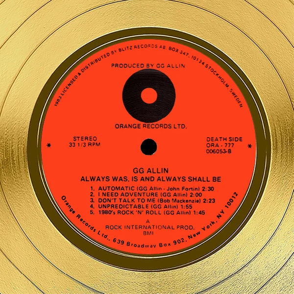 RARE-T GG Allin - Always Was, Is, And Always Shall Be Gold LP Limited Signature Edition Studio Licensed Custom Frame Limited Edition Frames 5 RARE-T GG Allin - Always Was, Is, And Always Shall Be Gold LP Limited Signature Edition Studio Licensed Custom Frame Limited Edition Frames