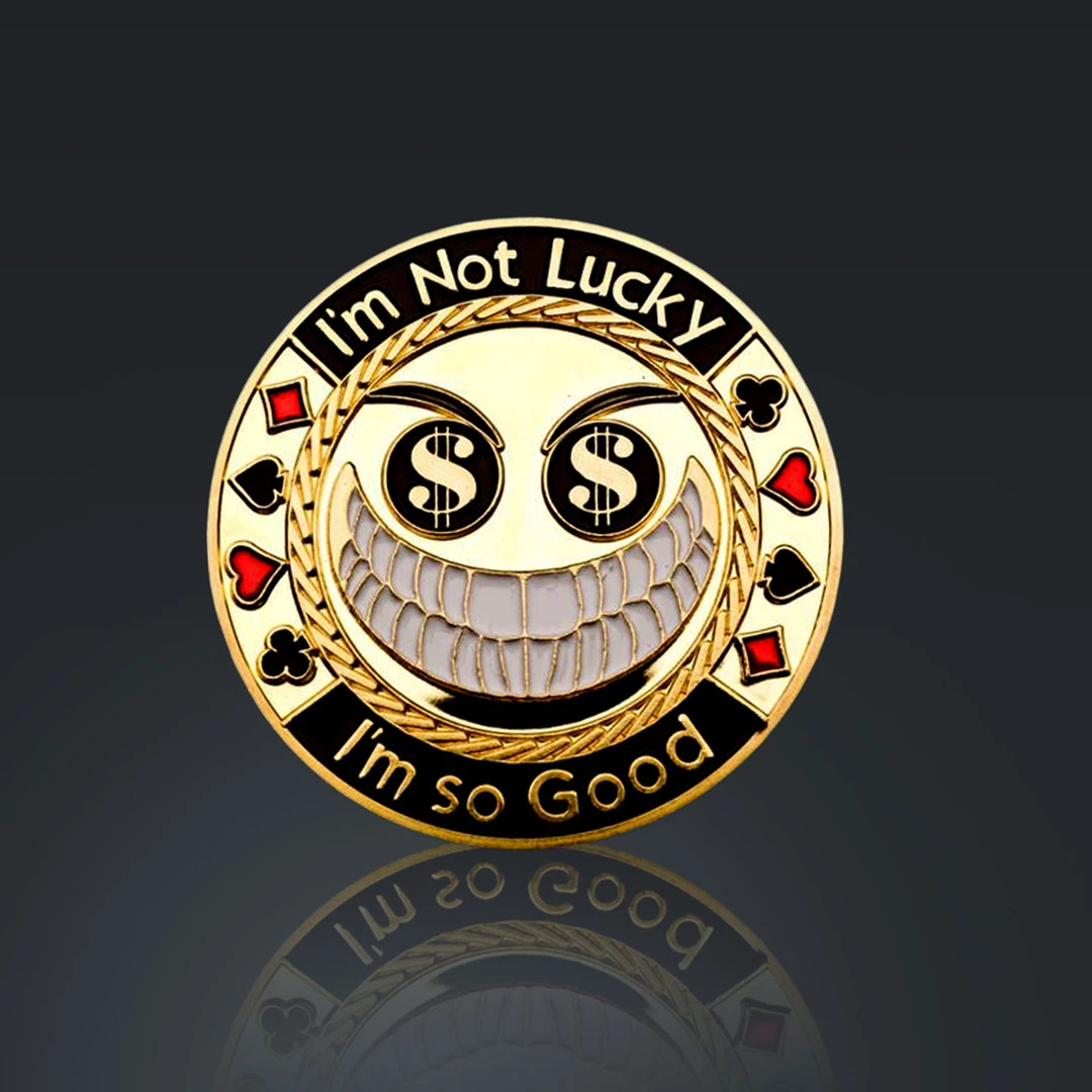 RARE-T 24K Gold Plated 'I'M Not Lucky, I'M So Good' Poker Chip Card Guard Ready To Ship! 48 Hour Shipping! 1 RARE-T 24K Gold Plated 'I'M Not Lucky, I'M So Good' Poker Chip Card Guard Ready To Ship! 48 Hour Shipping!