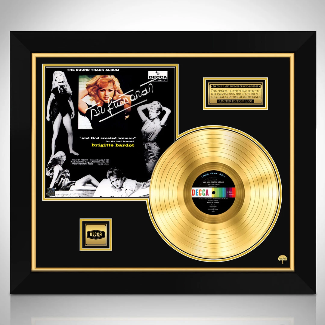 RARE-T Limited Edition Frames And God Created Woman - Sound Track Album Gold LP Limited Signature Edition Studio Licensed Custom Frame 1 RARE-T Limited Edition Frames And God Created Woman - Sound Track Album Gold LP Limited Signature Edition Studio Licensed Custom Frame
