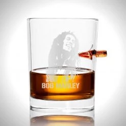 Bob Marley Shot Glass - Handmade Bob Marley Etched Rock Glass Shot Glass With Embedded Bullet Barware & Signs