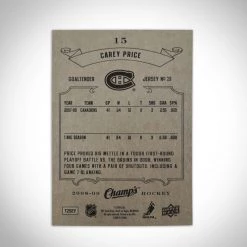 RARE-T Montreal Canadiens- Carey Price Hand-Signed Upper Deck 2008-09 Champ's Hockey Card