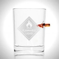 Flammable Liquid Shot Glass - Handmade Etched Rock Glass Shot Glass With Embedded Bullet