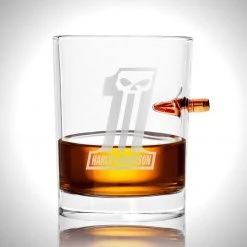 Harley Davidson Shot Glass - Handmade Etched Rock Glass Shot Glass With Embedded Bullet