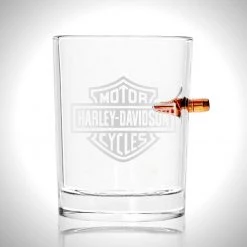 Handmade Real 'Bullet-Embedded - Harley Davidson Logo' Etched Rock Glass Barware & Signs