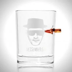 Barware & Signs Breaking Bad Shot Glass - Handmade Breaking Bad Etched Rock Glass Shot Glass With Embedded Bullet