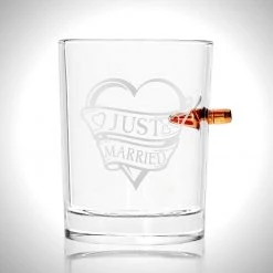 Just Married - Handmade Just Married Etched Rock Glass Shot Glass With Embedded Bullet