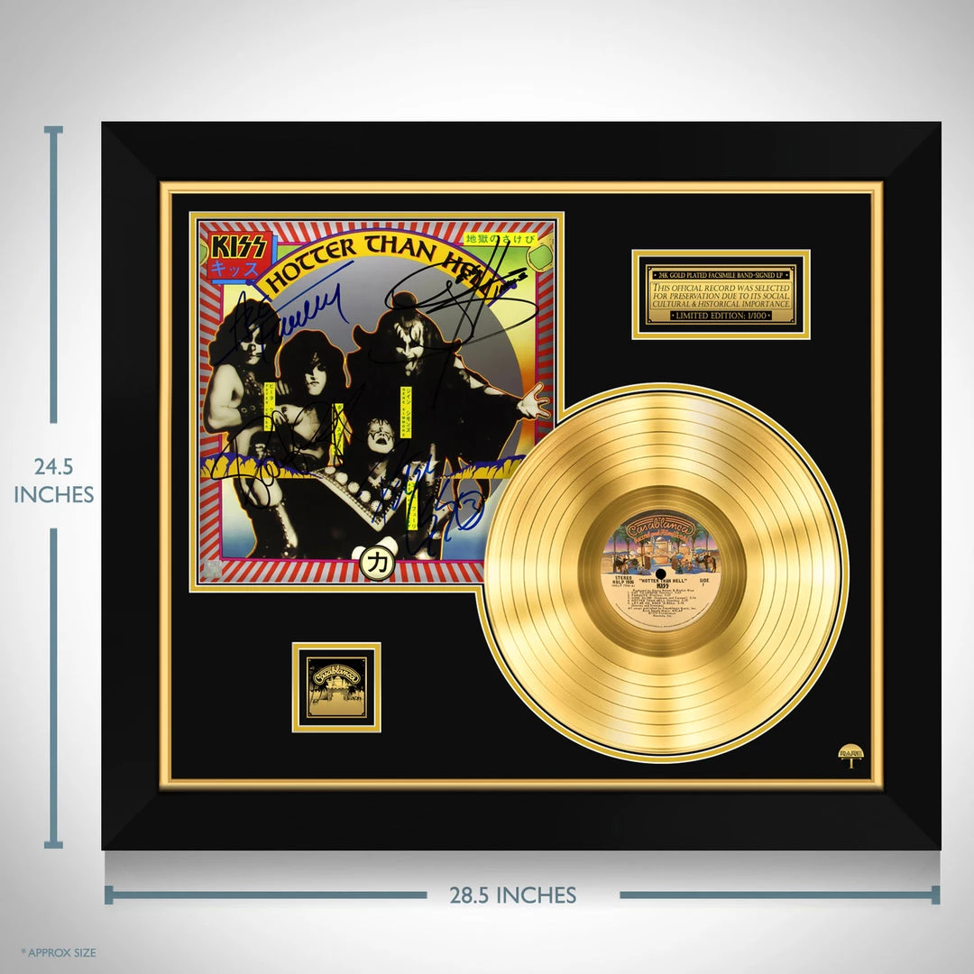 Rare-T KISS Hotter Than Hell Limited Signature Edition Studio Licensed Gold LP Custom Frame
