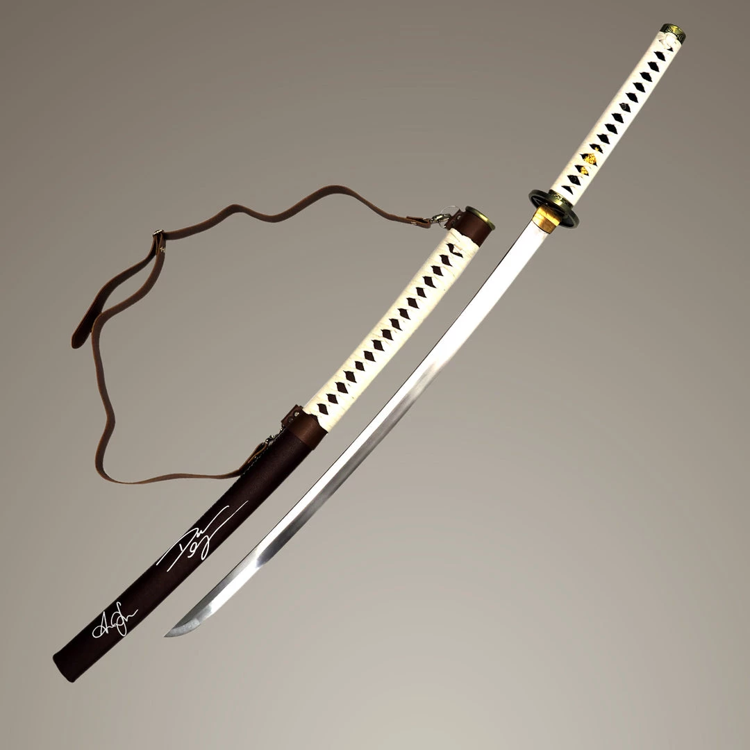 APW Signed Memorabilia Walking Dead Hand-Signed Michonne Sword By Danai Gurira And Andrew Lincoln Displayed On A 2 Tier Wooden Stand. 2 APW Signed Memorabilia Walking Dead Hand-Signed Michonne Sword By Danai Gurira And Andrew Lincoln Displayed On A 2 Tier Wooden Stand.