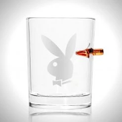 Barware & Signs Playboy Shot Glass - Handmade Playboy Etched Rock Glass Shot Glass With Embedded Bullet