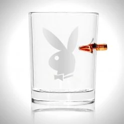 Playboy Shot Glass - Handmade Etched Rock Glass Shot Glass With Embedded Bullet