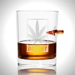Barware & Signs Marijuana Leaf Shot Glass - Handmade Marijuana Etched Rock Glass Shot Glass With Embedded Bullet
