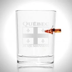 Quebec Shot Glass- Handmade Quebec Etched Rock Glass Shot Glass With Embedded Bullet Ready To Ship! 48 Hour Shipping!
