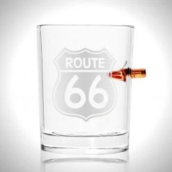 Ready To Ship! 48 Hour Shipping! Route 66' Shot Glass - Handmade Route 66' Etched Rock Glass Shot Glass With Embedded Bullet