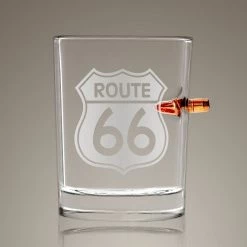 Ready To Ship! 48 Hour Shipping! Route 66' Shot Glass - Handmade Route 66' Etched Rock Glass Shot Glass With Embedded Bullet