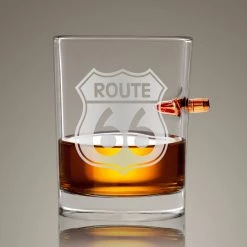 Ready To Ship! 48 Hour Shipping! Route 66' Shot Glass - Handmade Route 66' Etched Rock Glass Shot Glass With Embedded Bullet