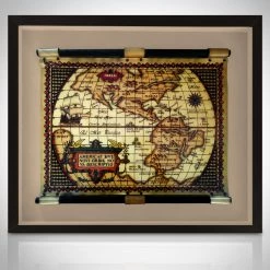 Jonathan New World Vintage Scroll Map Made With Hand-Tooled Leather Custom Frame